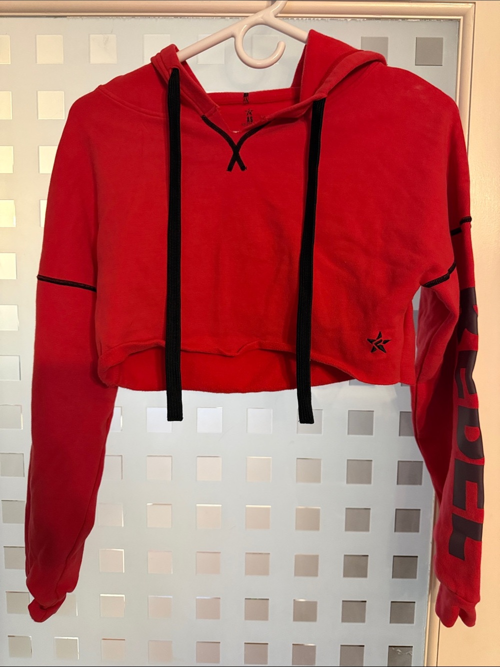 Red Cropped Crew Hoodie with Black Drawstrings